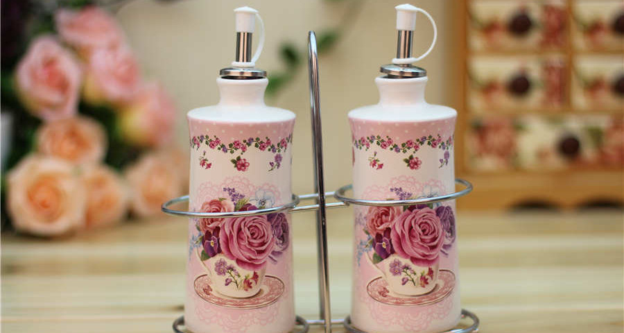 Romantic Rose ceramic oil and vinegar bottles